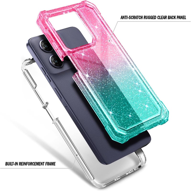 WDHD Compatible with Motorola Moto G-Power-2025 Case Glitter Pink/Aqua | Full-Body Protective Shockproof Bumper Phone Cover with Tempered Glass Screen Protector, 12FT Military Grade Drop Tested - Image 4